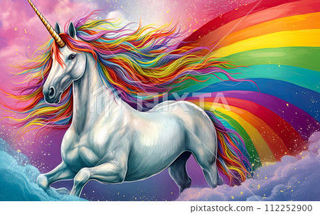 White unicorn in Rainbow flag colors. Symbol of lgbt gay community and homosexuality. Ai Generative illustration 112252900