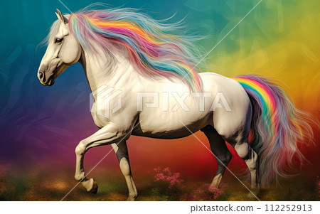 Beautiful white horse in colors of pride flag. Generative Ai illustration 112252913