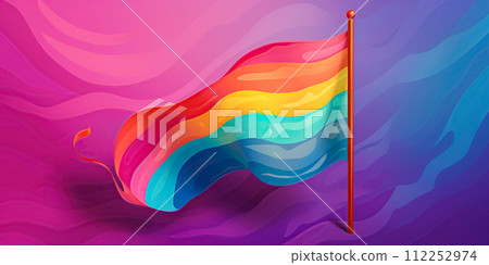 Rainbow flag waving in the wind. Symbol of gay, homosexual comunity. Generative Ai illustration 112252974
