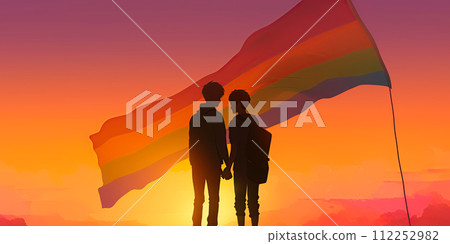 Two young men holding hands with rainbow flag waving in the wind at sunset. Homosexual, gay, lesbian concept. Generative Ai illustration 112252982