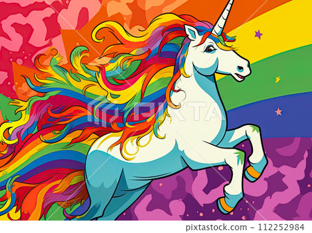 White unicorn symbol of lgbt gay community in Rainbow flag colors. Ai Generative illustration 112252984
