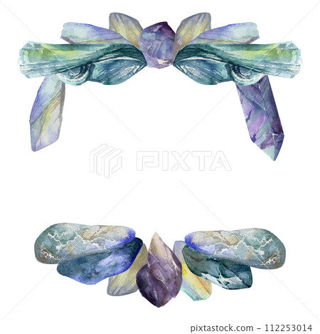 Hand drawn watercolor illustration precious jewel gem crystal chakra birth stone. Amethyst aquamarine moonstone lapis. Square frame isolated on white background. Design print, shop, jewelry, fashion 112253014