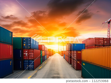 Cargo containers at sea port. Shipping and transportation. Ai Generative illustration 112253068