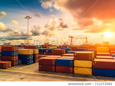 Cargo containers at sea port. Shipping and transportation. Ai Generative illustration 112253082