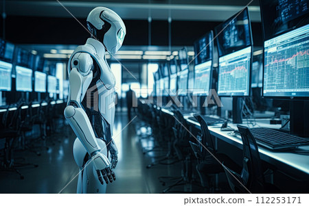 Humanoid robot in the office full of computers and technology. Artificial intelligence replacing human workforce. Generative Ai illustration 112253171