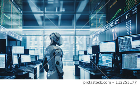 Humanoid robot in the office full of computers and technology. Artificial intelligence replacing human workforce. Generative Ai illustration 112253177