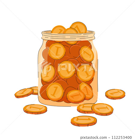 A glass jar completely filled with coins. Concept financial literacy, savings, bank deposits, tips, donation. A glass jar completely filled with coins. Concept financial literacy, savings, bank deposits, tips, donation. 112253400