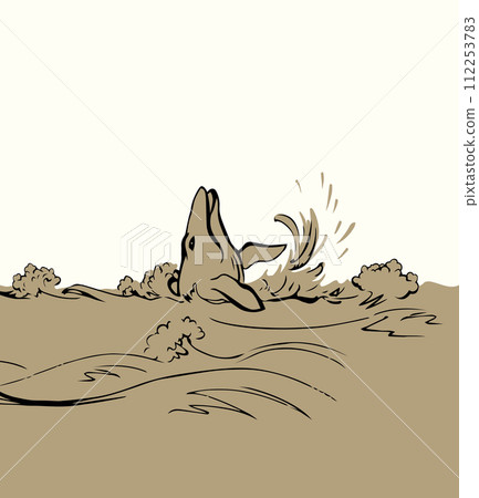 Vector drawing. Whale swims in the sea Vector drawing. Whale swims in the sea 112253783