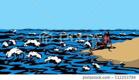 Vector drawing. A man on the shore after a shipwreck Vector drawing. A man on the shore after a shipwreck 112253784