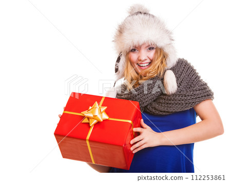 winter girl with red gift box isolated winter girl with red gift box isolated 112253861