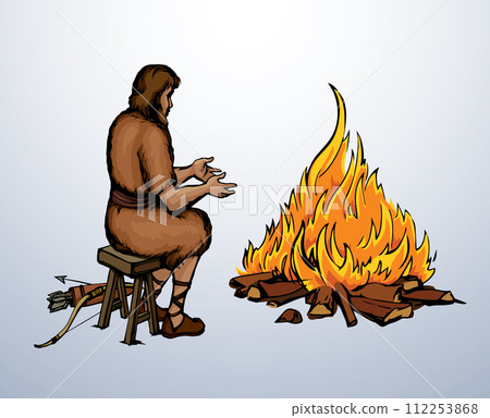 Vector drawing. Ancient man warming himself by the fire 112253868