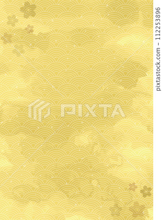 Japanese style background with golden Japanese paper texture and Japanese pattern and cherry blossoms 112253896
