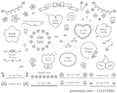 Cute spring frame set in hand drawn style. Ribbon, cherry blossoms, flowers 112253904