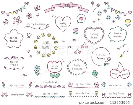 Cute spring frame set in hand drawn style. Ribbon, cherry blossoms, flowers 112253905