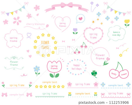 Cute spring frame set in hand drawn style. Ribbon, cherry blossoms, flowers 112253906