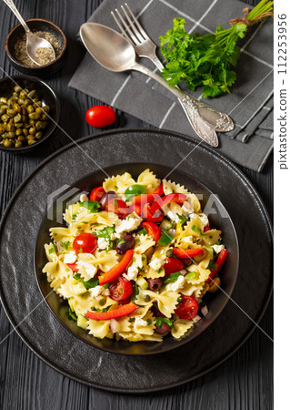 Farfalle salad, Bow Tie Pasta salad, top view 112253956