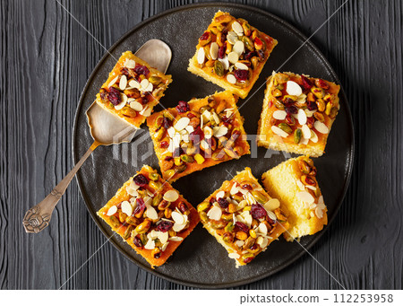 slices of yogurt cake with nuts and dried berries 112253958