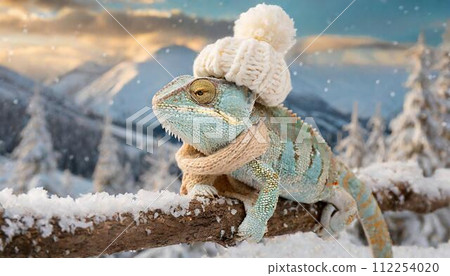 戴著針織帽子和圍巾的雪變色龍 戴著針織帽子和圍巾的雪變色龍 112254020