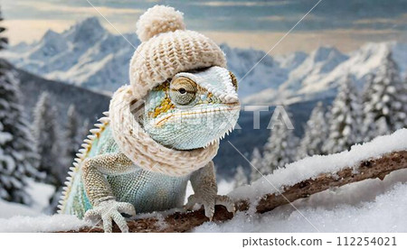 戴著針織帽子和圍巾的雪變色龍 戴著針織帽子和圍巾的雪變色龍 112254021