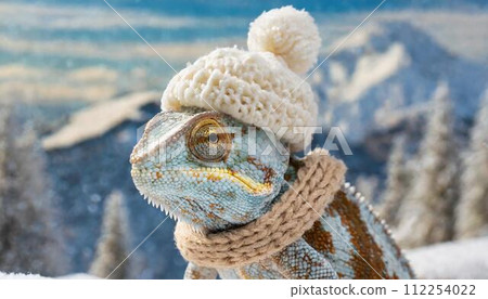 戴著針織帽子和圍巾的雪變色龍 戴著針織帽子和圍巾的雪變色龍 112254022