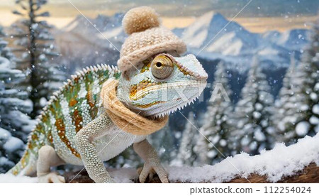 戴著針織帽子和圍巾的雪變色龍 戴著針織帽子和圍巾的雪變色龍 112254024