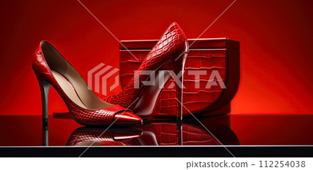 Red high heel shoes made from alligator leather. Luxurious fashion design. Studio shot. Ai Generative image Red high heel shoes made from alligator leather. Luxurious fashion design. Studio shot. Ai Generative image 112254038