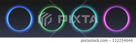 Neon glowing circle frames, futuristic gradient colorful rings, modern vector borders. Neon glowing circle frames, futuristic gradient colorful rings, modern vector borders. 112254044
