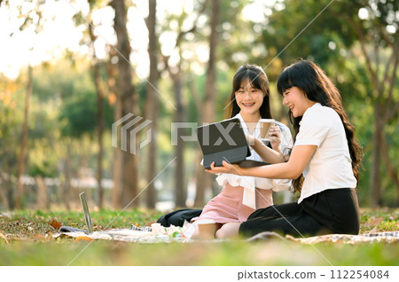 Smiling Asian female colleagues using digital tablet and relaxing in the park Smiling Asian female colleagues using digital tablet and relaxing in the park 112254084