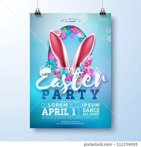Easter Party Flyer Illustration with Painted Eggs, Rabbit Ears and Flowers on Nature Blue Background. Vector Spring Religious Holiday Celebration Poster Design Template for Banner or Invitation. 112254095