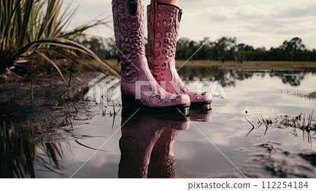 Sexy woman wearing pink cowboy boots made of alligator leather in the swamp in nature. Ai Generative image 112254184