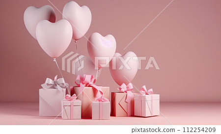 Presents, gift boxes and balloons. Happy birthday, Valentine's day, Anniversary concept. Empty space, for text or logo. Ai Generative illustration 112254209