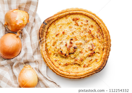 Traditional french pie. Quiche lorraine isolated on white background. Traditional french pie. Quiche lorraine isolated on white background. 112254332