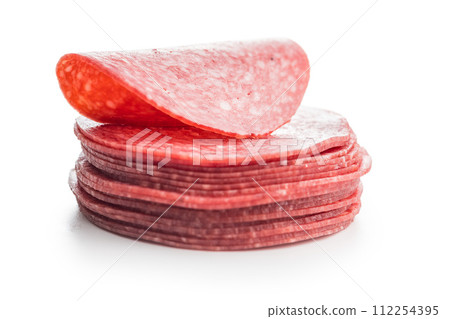 Sliced salami sausage isolated on white background. 112254395