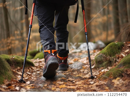 Hiker with trekking sticks walking the trail and climbing the mountain. Generative Ai image 112254470