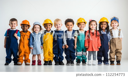 A diverse group of toddlers wearing colorful overalls and hard h 112254773