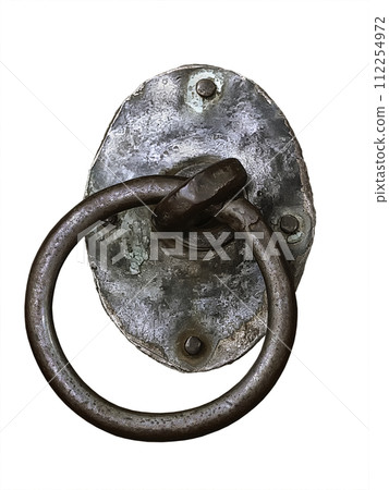 Door handle in the form of a homemade iron ring isolated on a white background 112254972