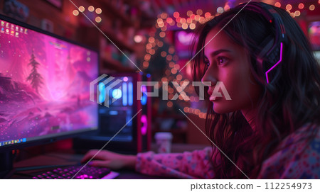 AI-generated content. Young Streamer Woman In Gaming Room Studio AI-generated content. Young Streamer Woman In Gaming Room Studio 112254973