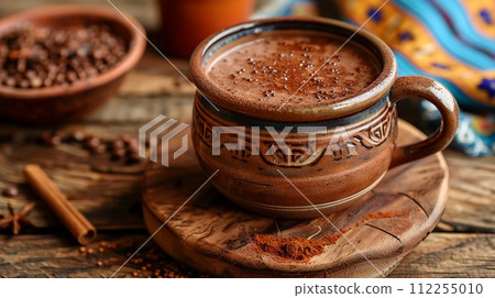 Mexican Champurrado. Corn Chocolate Hot Drink. Traditional Coffee in Ceramic Mug. AI Generated Mexican Champurrado. Corn Chocolate Hot Drink. Traditional Coffee in Ceramic Mug. AI Generated 112255010