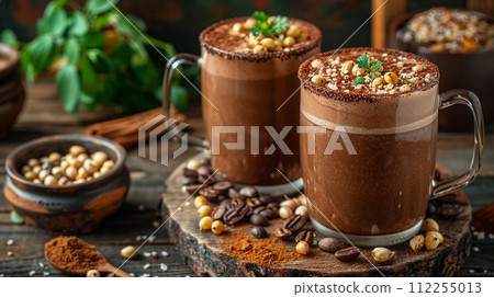 Mexican Champurrado Glasses. Corn Chocolate Drink with Cinnamon. Traditional Coffee. AI Generated 112255013