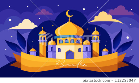 Ramadan Kareem with vibrant mosque illustration under night sky 112255047