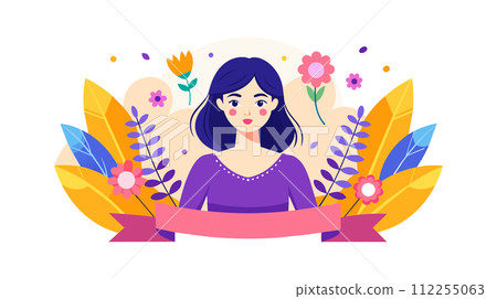 Cheerful woman illustration with floral background design 112255063