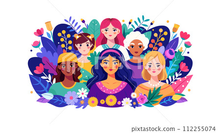 Diverse group of women surrounded by floral elements Diverse group of women surrounded by floral elements 112255074