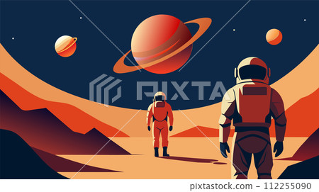 Astronauts Exploring a Distant Alien Planet Landscape 112255090