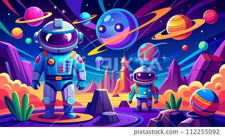 Colorful Space Adventure Illustration With Astronaut and Robot 112255092