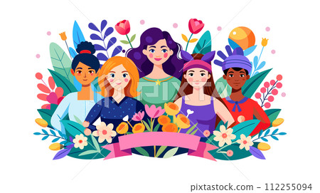 Diverse group of happy women surrounded by flowers 112255094