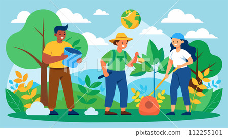 Eco-friendly team planting trees in a vibrant nature setting 112255101