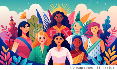 Diverse group of illustrated women in a vibrant landscape 112255103