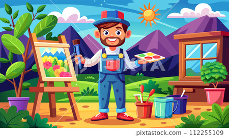 Cheerful artist painting colorful landscape outdoors 112255109