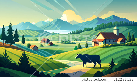 Idyllic rural landscape with church, houses, and cow illustration 112255133