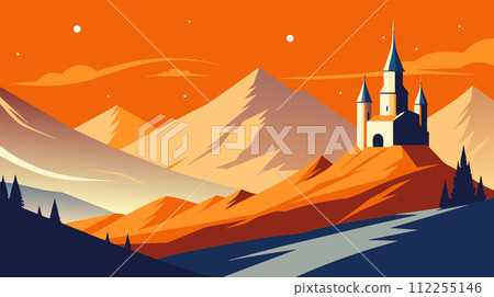 Enchanted castle in an orange mountain landscape at sunset Enchanted castle in an orange mountain landscape at sunset 112255146